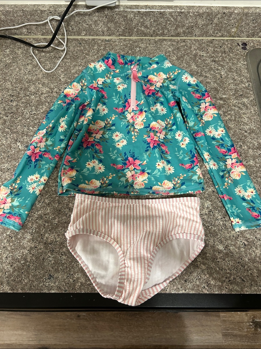 Ruffle Butts Floral Teal Long-Sleeve Rash Guard Swim Set with ruffles on bottoms